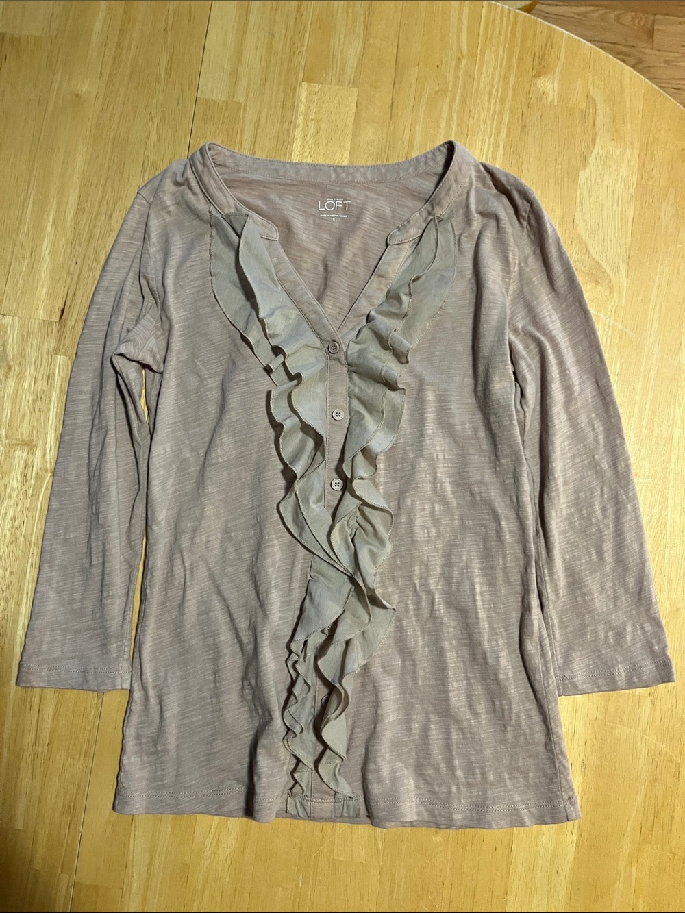 LOFT Lilac Ruffle-Front 3/4” Sleeve Blouse Women’s Small